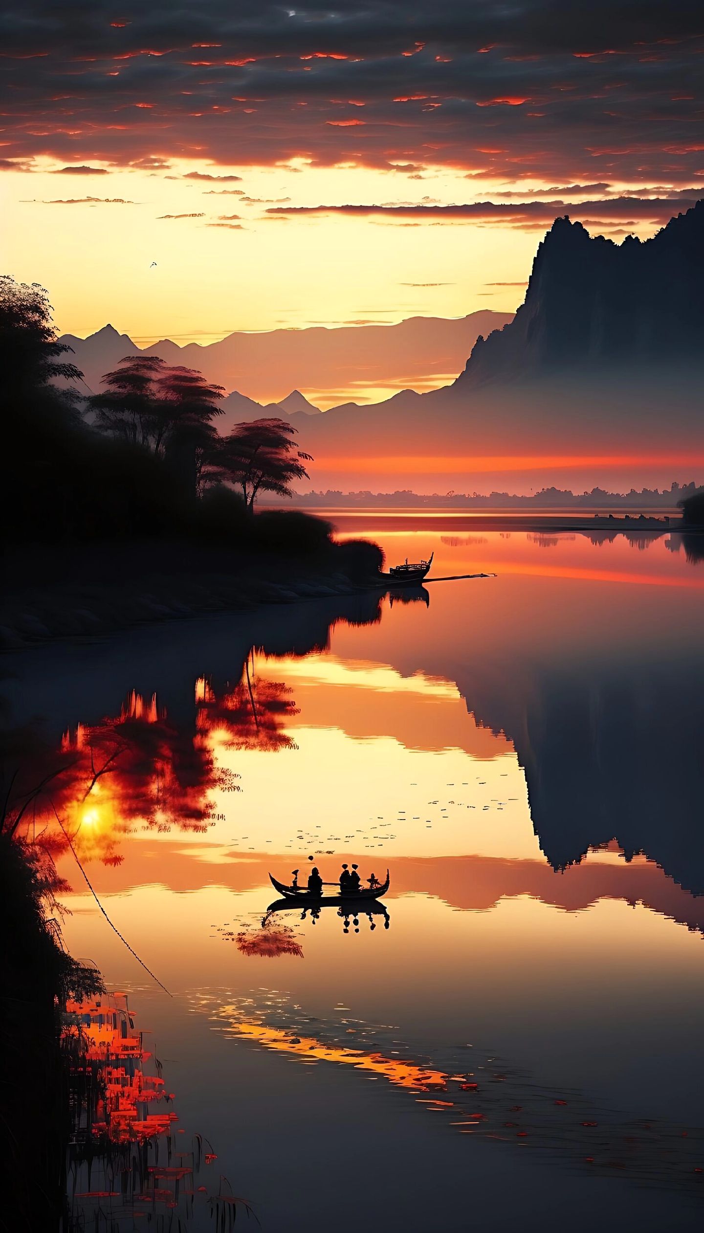 河水连接远方天空,渔夫在船上,壮阔的风景,的萧瑟,意境美远景,中国风