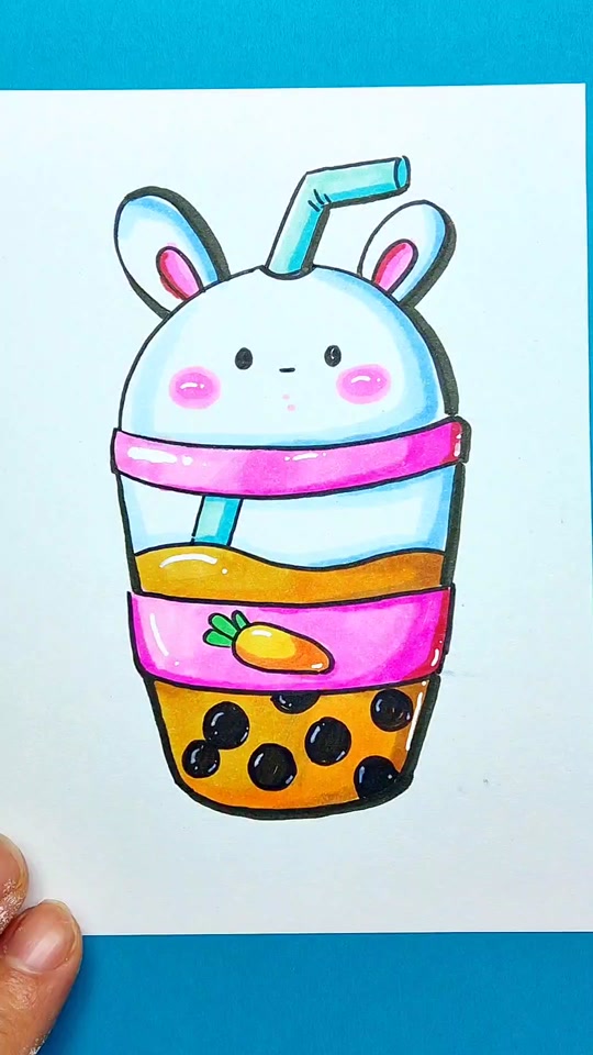 小文老师教画画(有课):小兔子珍珠奶茶好可爱#简笔画 #一起学画画