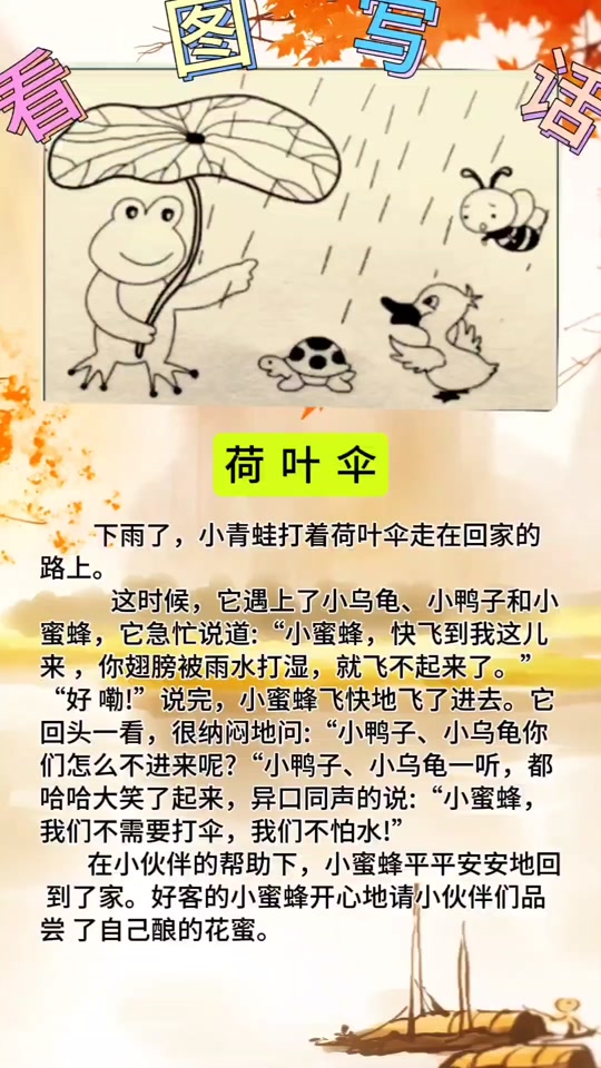 小兔和小猴打着荷叶伞看图写话