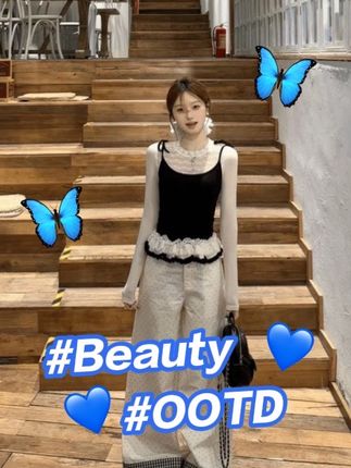 韩系少女感蕾丝荷叶边显瘦假两件t恤上衣裤子套装#简约时尚风 #假两件套装#时尚套装#套装两件套 #韩系套装