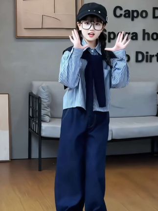 #我要上热门 女童秋季牛仔裤儿童2025新款春秋装女孩大童坎肩条纹衬衫韩系套装#早秋穿搭 #高品质童装 #生女儿就是用来打扮的 #谁穿谁好看