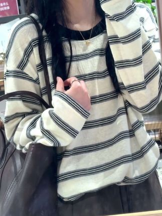 高级感条纹针织打底衫女内搭早秋流行韩系穿搭别致松弛感上衣#条纹针织打底衫#条纹上衣#针织上衣#针织打底衫#上衣
