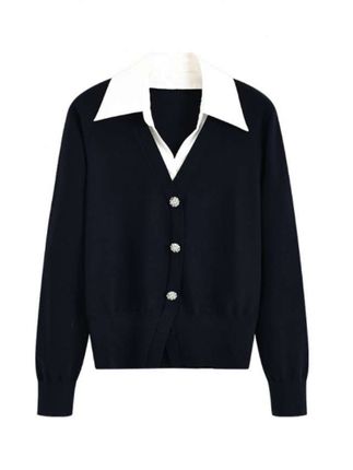 拼色假两件polo长袖针织衫女新款气质通勤简约休闲上衣1457#针织衫#长袖上衣#拼色假两件#简约大气#休闲百搭