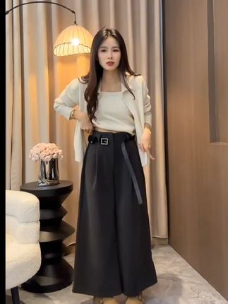 韩系宽松九分毛呢阔腿裤#韩系穿搭 #毛呢阔腿裤 #九分裤 #慵懒风穿搭