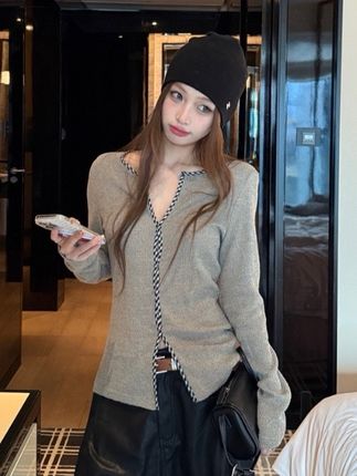 长袖针织衫女秋季2025新款高级感超好看小众格子拼接修身收腰上衣#今日穿搭 #温柔穿搭 #显瘦搭配 #韩范穿搭 #显高显瘦穿搭