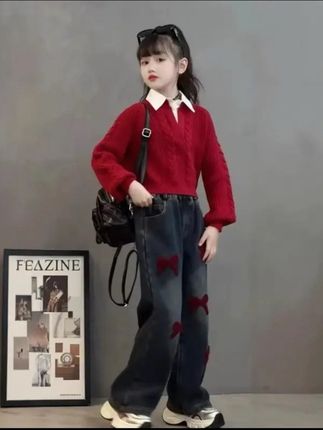 女童春秋2025新款两件套装儿童毛衣女孩洋气中大童冬装加绒牛仔裤#高品质童装 #潮酷穿搭 #休闲外套 #酷女孩穿搭 #女童套装