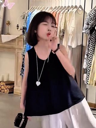 冰丝防棉麻料子,女童懒散休闲套装#女童穿搭 #今年最流行穿搭 #女童洋气服装推荐 #背心穿搭 #中大童女孩衣服推荐