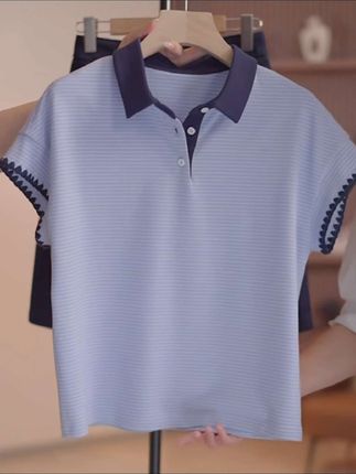 2025夏季新款女士条纹短袖Polo衫时尚显瘦减龄设计感T恤上衣#穿搭 #时尚#洋气小衫 #显瘦穿搭 #谁穿谁好看
