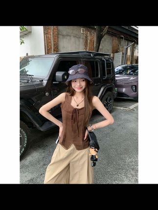 蕾丝拼接吊带背心女辣妹蝴蝶结系带收腰显瘦无袖上衣#夏季穿搭 #甜美穿搭 #显瘦搭配 #减龄气质