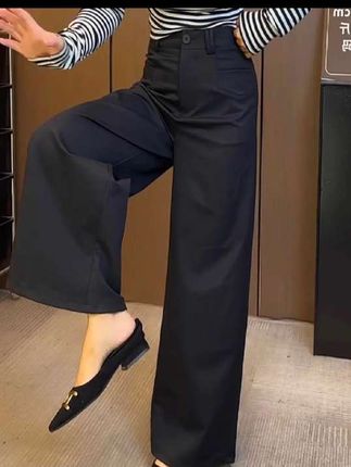 高腰直筒裤#宽松黑色休闲裤女#秋季新款#大码时尚洋气#垂坠感百搭阔腿裤#舒适透气@巨量千川