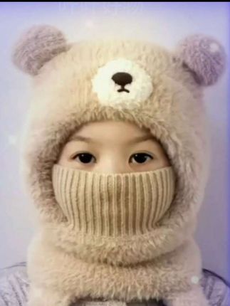 #创作灵感 儿童帽子秋冬款可爱小熊男童围脖口罩一体毛绒保暖女宝套头护耳帽#儿童围脖口罩一体帽子#