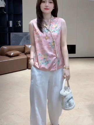 #夏季新款 中式透气提花盘扣设计感上衣中国风时尚单排扣阔腿裤两件套#时尚百搭#国风古韵 @巨量千川