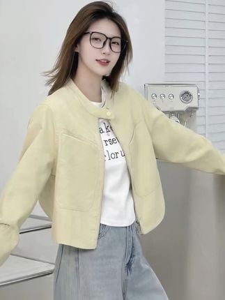 高级感工装夹克短款外套女秋2025新款百搭简约通勤休闲圆领短外套#夹克外套 #短外套 #简约外套 #通勤外套 #休闲外套