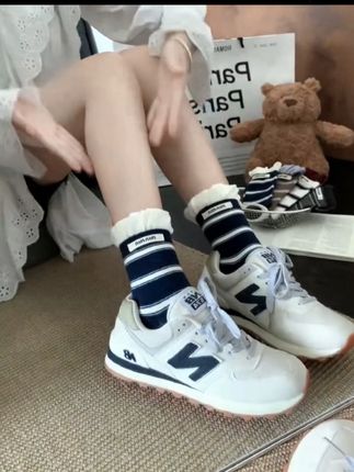 韩系泡泡口条纹秋冬中筒袜子无骨棉袜百搭ins复古堆堆女袜#袜子#中筒袜