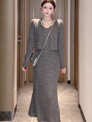 秋季显瘦亮片长袖小香风外套修身气质中长款连衣裙两件套装#甜美风穿搭 #法式连衣裙 #约会穿搭 #女人味穿搭 #好看的连衣裙