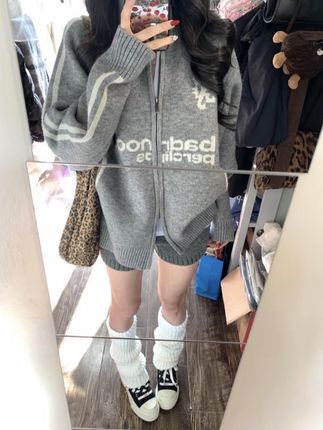 oversize!棒球风圆领拉链毛衣开衫外套女秋装新款韩版宽松针织衫#毛衣穿搭 #宽松显瘦 #圆领毛衣 #针织毛衣 #秋季穿搭