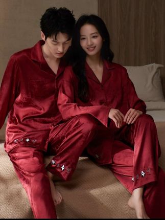 乐姿梦睡衣结婚新婚情侣套装女春秋季冰丝长袖男红色本命年家居服