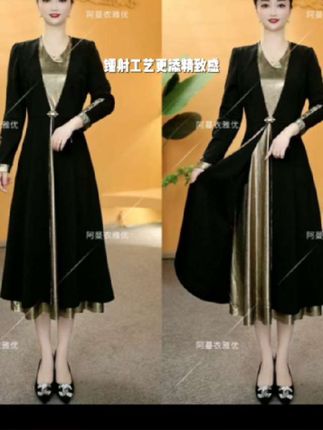 【衣雅严选】8089-2179#早秋新款锦棉罗马拼镭射假两件气质连衣裙