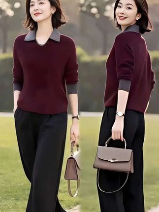 春秋盐系炸街高级感polo领长袖针织衫阔腿裤休闲两件套装女