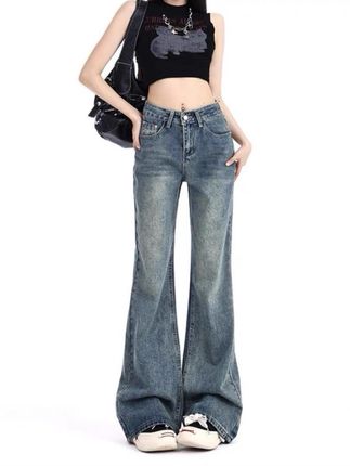#粉丝投稿秋季服装测评 加长美式微喇牛仔裤女高腰显瘦不贴腿拖地裤