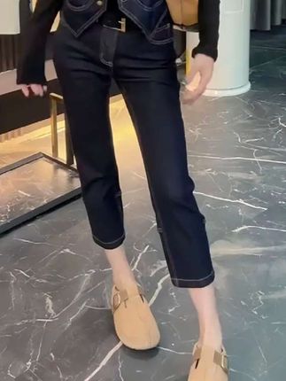 #唐芯媛早秋新款时尚洋气直筒牛仔裤女微胖大码弹力显瘦八分烟管裤