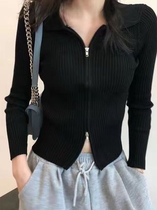 网红洋气炸街女装polo薄款春秋新款显瘦短款双头拉链长袖拉链上衣#上热搜 #polo领针织衫#秋季新款#显瘦短款#时尚穿搭