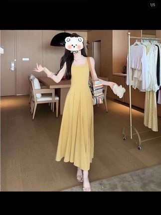 2025年夏季新款女装法式方领吊带连衣裙复古收腰长款裙子纯色无袖#温柔风穿搭 #简约大方 #法式方领连衣裙 #收腰显瘦 #美出高级感