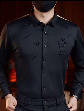 冬季新款高档男士加绒加厚保暖衬衫中年商务休闲免烫抗皱纯色潮流时尚百搭植绒印花衬衣