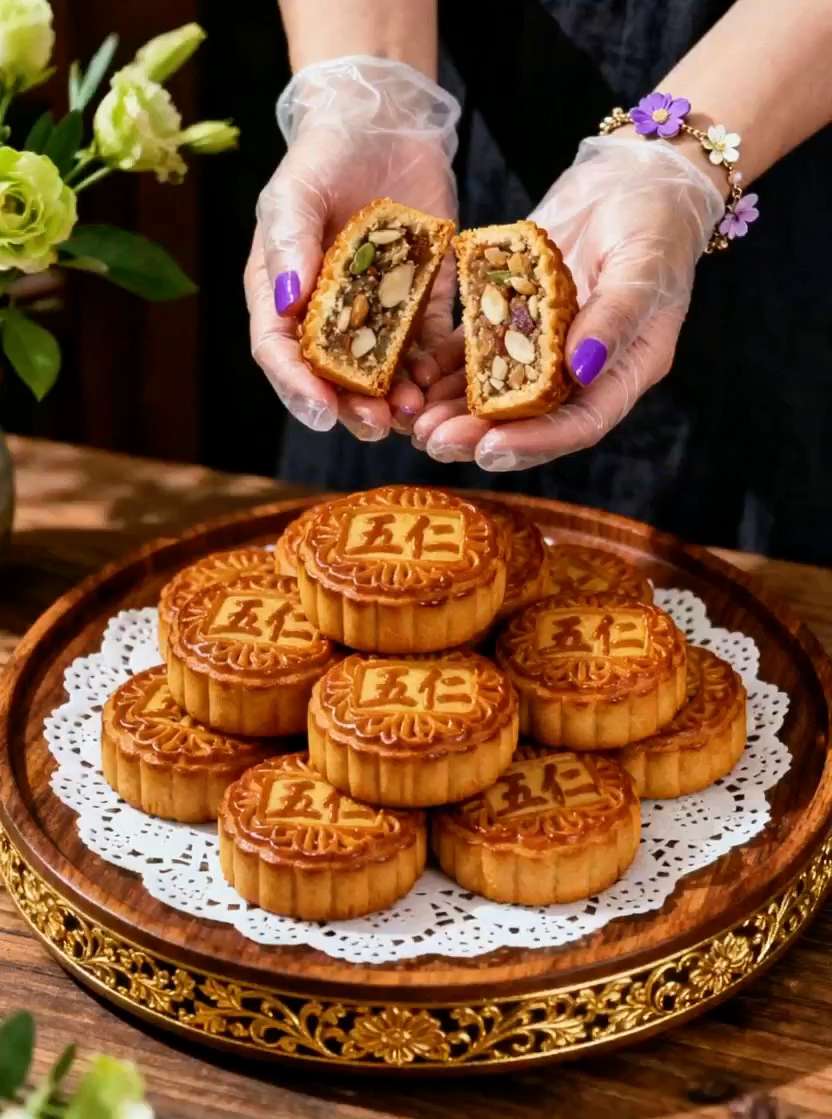 #五仁月饼才是最好吃的月饼 宝子们,这款五仁月饼😍完全不是印象里的油腻款!精选饱满的杏仁、核桃、花生、芝麻、瓜子仁,五种果仁搭配得恰到好处,每一口都能吃到坚果的香脆。饼皮松软细腻,甜度适中,果仁香和饼皮香融合得超和谐,越嚼越有滋味,满满的传统风味。中秋团圆时摆上桌,和家人分着吃,氛围超温馨;下午茶配壶茶,解腻又惬意;走访友带一盒,经典口味老少都爱。包装,方便保存,随时想吃就能拿。#五仁月饼 #传统糕点 #中秋必备 #茶点好搭档