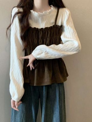 #上衣女装 大码女装遮肚子灯芯绒假两件小众衬衫女春秋胖妹妹显瘦荷叶边上衣#荷叶边上衣 #衬衫穿搭
