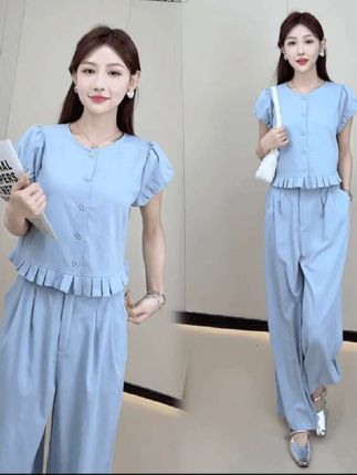 休闲风时尚套装女夏季新款时尚减龄短袖上衣显瘦遮肉阔腿裤两件套 #女装两件套 #优雅气质 #高级感穿搭 #夏季新款 #气质穿搭