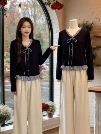 大码假两件木耳边格子拼接V领针织衫春秋胖MM百搭显瘦长袖上衣#针织衫 #显瘦穿搭 #大码女装 #秋冬穿搭新鲜感在线 #晒晒我的秋日穿搭