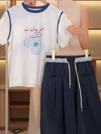 女童夏季短袖套装中大童女孩夏装薄款裤中裤两件套#童装 #休闲套装#短袖套装