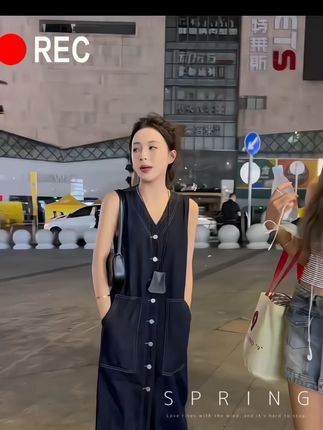 夏季中长款无袖宽松高腰背带裙V领长裙春季连衣裙