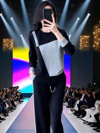 休闲运动套装#秋季穿搭#拼色卫衣阔腿裤两件套#洋气减龄
