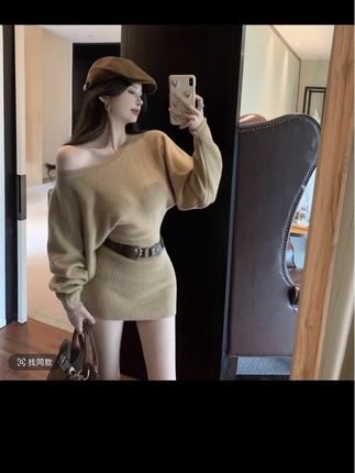 韩系辣妹针织连衣裙女秋季慵懒风毛衣裙女修身慵懒风一字肩短裙#今日穿搭 #爱了爱了 #又又又上新了 #拍照姿势