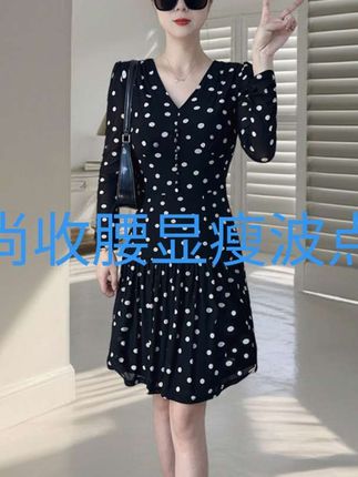 秋季新款连衣裙复古港风波点V领收腰大摆裙套头长袖裙子#新款连衣裙 #时尚连衣裙 #波点连衣裙 #收腰连衣裙 #显瘦连衣裙推荐