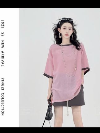 颖子定制【落日暮野】设计感撞色圆领T恤女夏季薄款宽松上衣 9718#上衣 #T恤 #短袖 #爆款女装 #宽松上衣