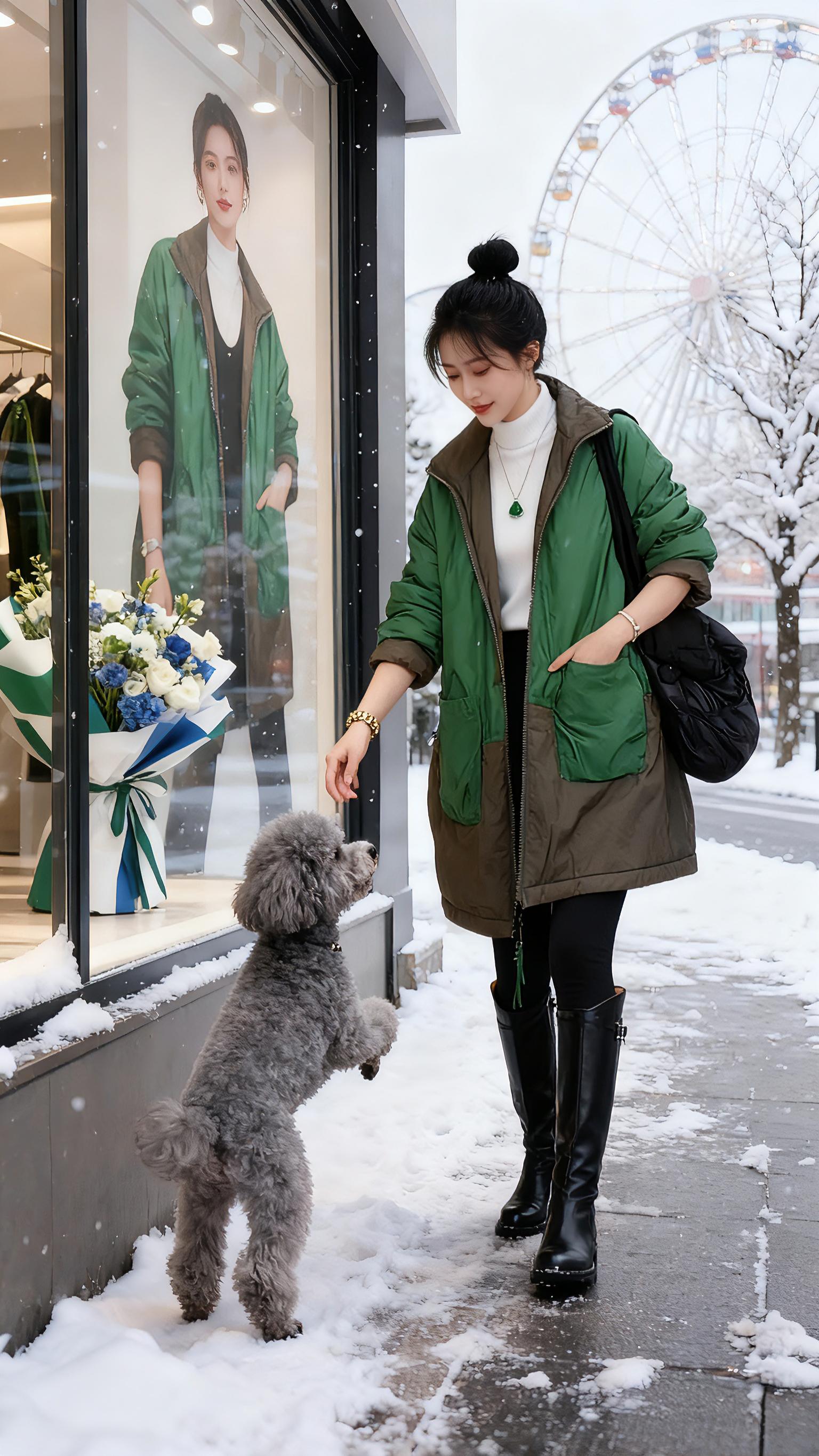 冬日穿搭新宠:双面穿棉服,解锁雪中时尚与。在冬日雪天的浪漫氛围里,这款双面穿棉服为你打造随性又高级的穿搭格调。一面是沉稳军绿,一面是活力翠绿,两种风格随心切换。搭配白色半高领打底衫、黑色紧身裤与长筒靴,简约又显气质。无论是在街边与萌宠互动,还是在店铺橱窗前驻足,都能成为冬日里的时尚焦点。它不仅颜值在线,更兼具保暖性,让你在寒冷冬日既能拥抱温暖,又能轻松拿捏时尚感,是这个冬天不可错过的购物之选。#保暖穿搭 #外套穿搭 #穿搭不重样 #时尚保暖