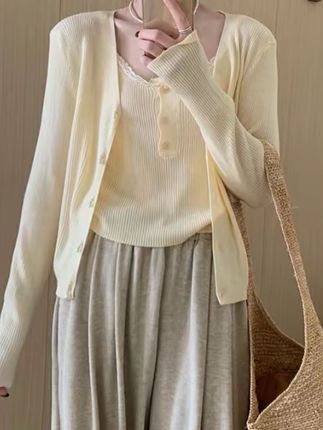 花边吊带两件套上衣2025秋季新款甜美气质简约风针织衫套装C2-87#百搭#穿搭#女针织开衫 #花边针织衫 #花边吊带两件套