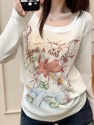 彩诺慵懒风夏季新款时尚涂鸦印花宽松T恤ins长袖薄款微透防晒罩衫#防晒衫#罩衫#防晒罩衫#长袖T恤#T恤女