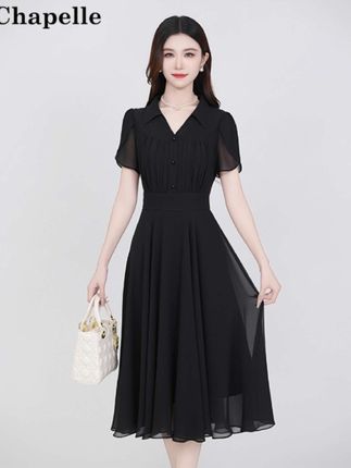 La Chapelle/拉夏贝尔V领荷叶袖黑色显瘦松紧腰长裙连衣裙#女装#连衣裙#显瘦连衣裙#v领荷叶袖