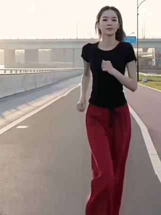 红色直筒扩腿裤休闲百搭跑步跳舞轻盈飘逸#引领时尚潮流 #每日分享 @抖音小助手