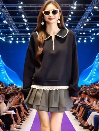大码娃娃领半拉链蕾丝拼接卫衣女春秋微胖MM宽松显瘦百搭洋气上衣#显瘦穿搭 #小个子穿搭 #洋气减龄 #百搭#女装