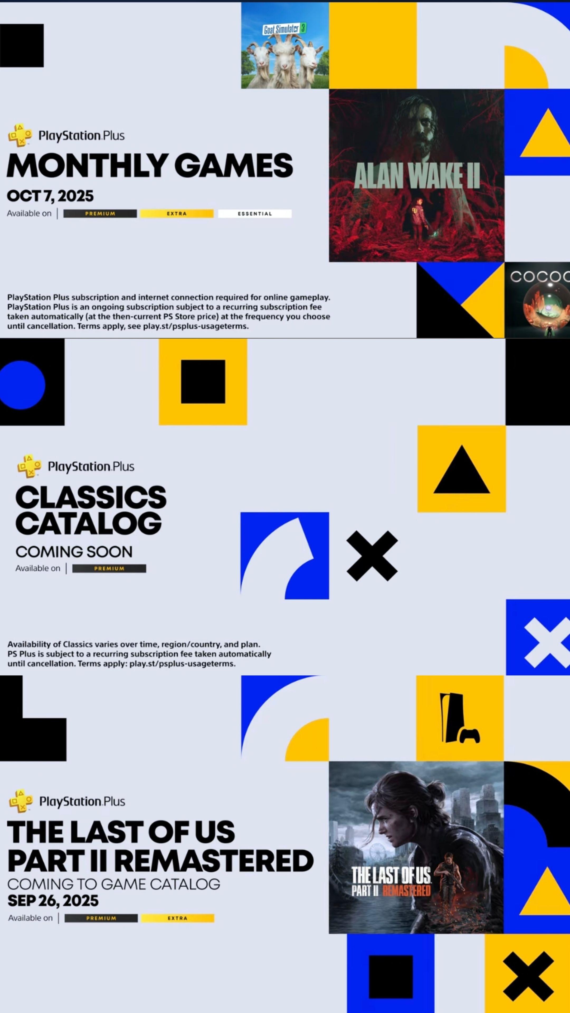 PSPlus 10月一二三档会免游戏公布。基础免费游戏10月7日更新: · 《心灵杀手2》(PS5) · 《COCOON》(PS5、PS4) · 《模拟山羊3》(PS5、PS4) 为纪念“The Last of Us Day”(最后生还者日),官方宣布《最后生还者2》将加入PS Plus游戏目录。PS4版《最后生还者2》以及PS5版《最后生还者2:重制版》均会在9月26日正式上线,供二档和三档会员玩家下载。 在三档经典游戏方面,将新增初代PlayStation平台的经典格斗游戏《铁拳3》,以及来自PS2时代的《灵魂能力3》和《古墓丽影:周年纪念版》。不过,具体上线时间仍有待公布。 #ps二档会员 #ps会免 #psplus #最后生还者2 #索尼stateofplay发布会