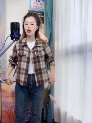 小个子短款撞色翻领格子衬衫女秋冬新款复古长袖休闲百搭开衫外套