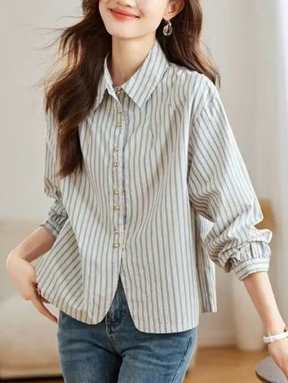 秋季条纹衬衫女长袖新款珍珠扣上衣韩版休闲宽松衬衫上衣 #女装穿搭 #穿搭分享 #换季换新装 #女装 #新衣服可以治愈各种不开心