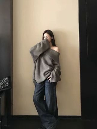 一字肩宽松慵懒松弛感毛衣女秋冬穿搭中长款露肩针织衫上衣 #今日穿搭 #女装穿搭 #极简穿搭 #ins穿搭 #温柔穿搭