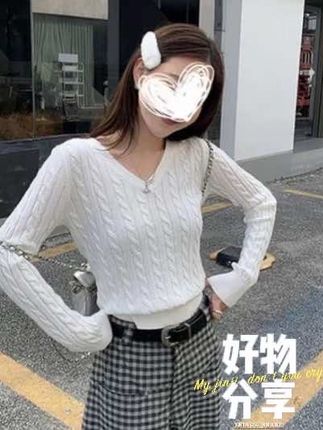 纯色V领学院风长袖麻花毛衣秋修身针织上衣#针织衫#毛衣#内搭#秋季穿搭#气质穿搭