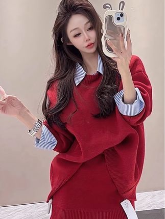 韩系可拆衬衫领针织两件套时尚高级显瘦假两件毛衣女高腰短裙套装可单选 #时尚博主穿搭 #针织毛衣 #假两件毛衣 #时尚感穿搭 #每日分享
